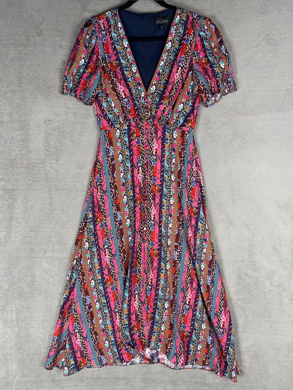 Saloni Lea Midi Dress 100% Silk Women's 4 Paradise Stripe Button‎ Front V-Neck